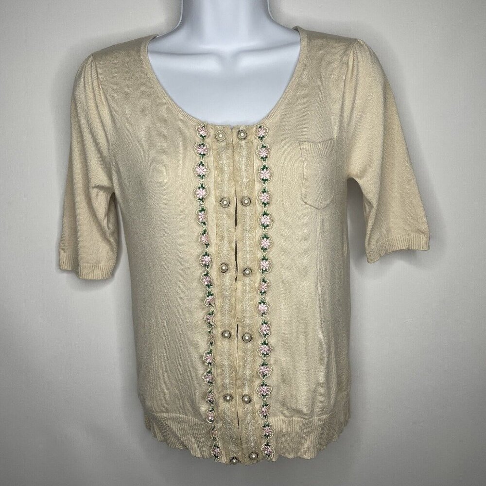 Darling London Retro Ivory Embroidered Floral Lace Faux Pearl Cardigan S…